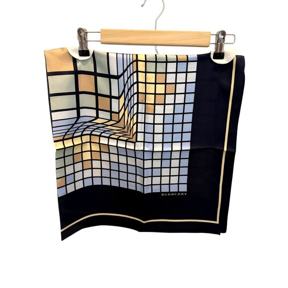 Burberry Silk Scarf 34” Op-Art Grid Navy Italian Retro Vintage New w/o Tags - Picture 4 of 9